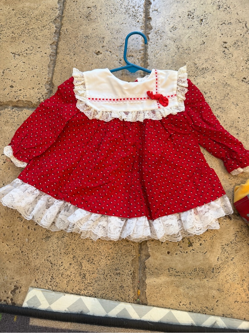 Rare Editions Red Baby Dress with White Lace Trim and Bow
